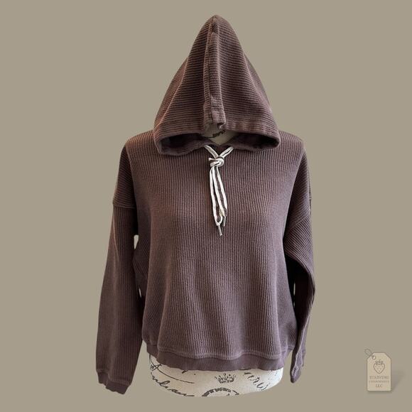 Aerie 100% Cotton Ribbed Knit Hoodie Brown Taupe S Cozy Fall Neutral - Picture 2 of 8